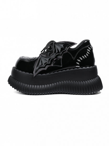 - Bat Wing Platform Details Back Lace-Up Design Accents Bittersweet Black Stitched Shoes with