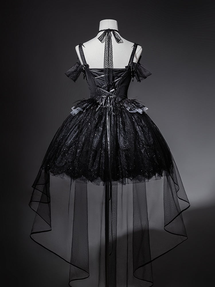 Taille Gothic Shimmer Kuro Black Swan besticktes Baskenkleid