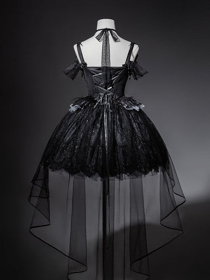 Taille Gothic Shimmer Kuro Black Swan besticktes Baskenkleid