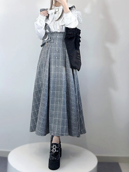 in Overall-Ärmeln, kariert, lang, flatternd, schwarz/grau, abnehmbarer Strass-Kei-Rock, Jirai-Akzente mit Stil