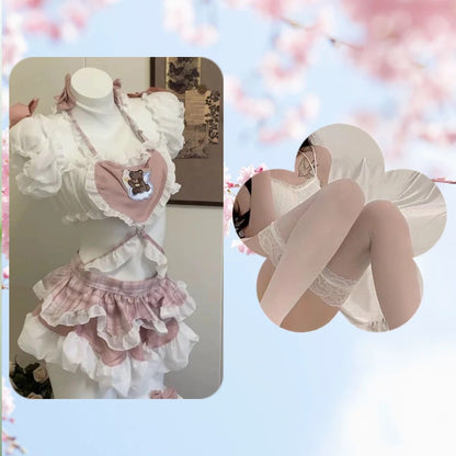 Pink Bear Heart Maid Costume Set - Cute Ruffle Sleepwear