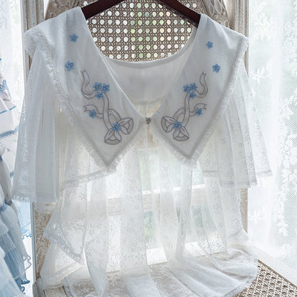 Lolita Blue Elegant Collar Flower with Shawl White Embroidered