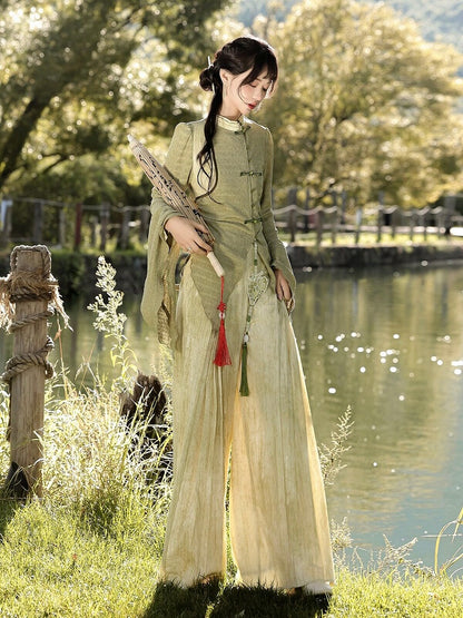Asymmetrical Green Long-Sleeved Top with Pleated Pants Outfit, Modern Chinese Style - Han Ru Chu Hanfu &amp; Han-Element Studi