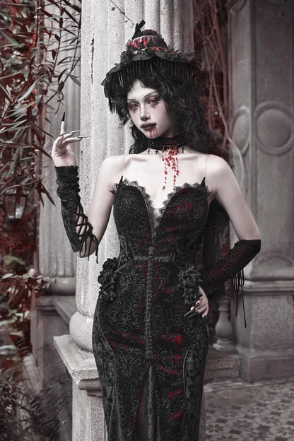 Black and Red Sleeveless High-Waisted Ruffle Lace Gothic Fishtail Dress