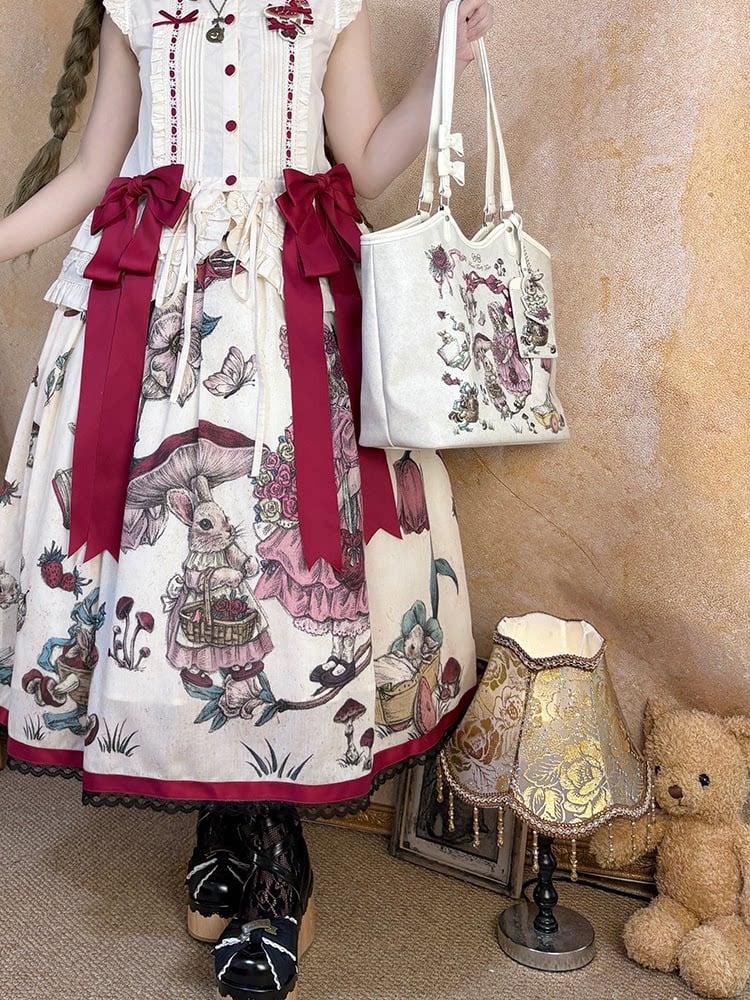 Vintage Tote and Tale Flower Theme Lolita Forest Details Bag Fairy with Rabbit