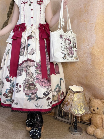 Vintage Tote and Tale Flower Theme Lolita Forest Details Bag Fairy with Rabbit