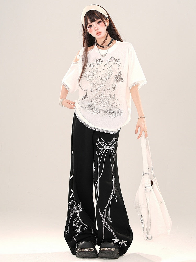 White Cutout Shoulder Lace Trim Loose Graphic T-shirt