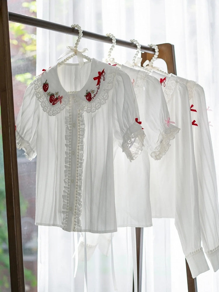White Strawberry Lolita with Embroidery Short-Sleeve Ruffled Red Blouse