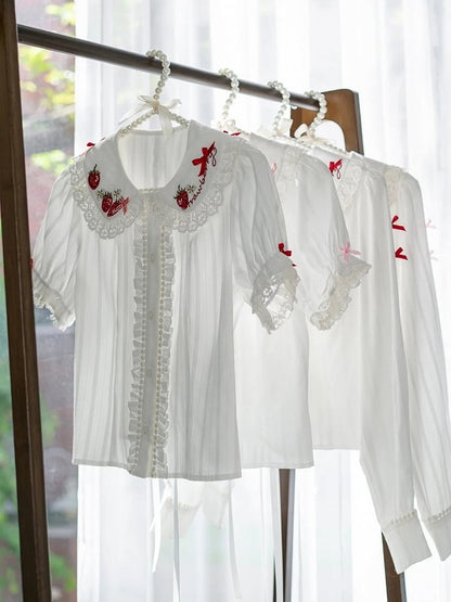 Red Embroidery Lolita Long-Sleeve Ruffled Blouse Strawberry White with