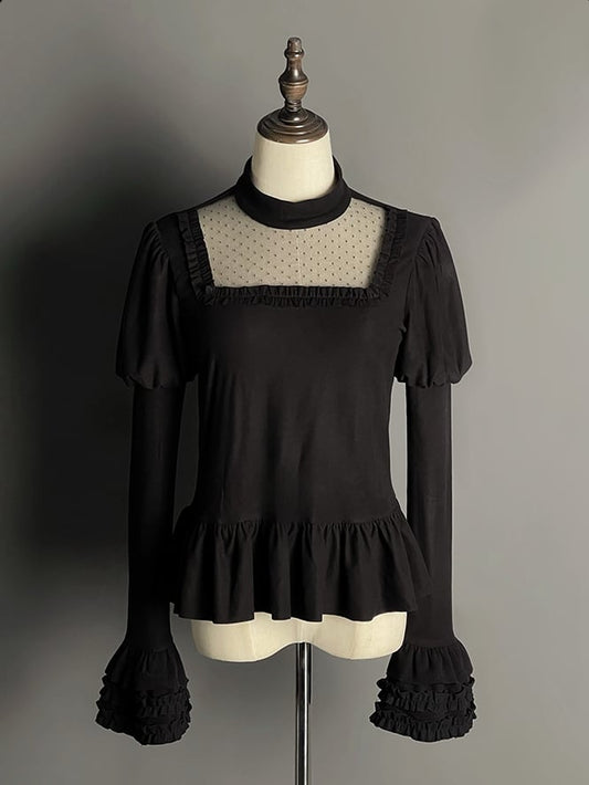 Long Juliette Sleeves Flounce Hemline Top Black