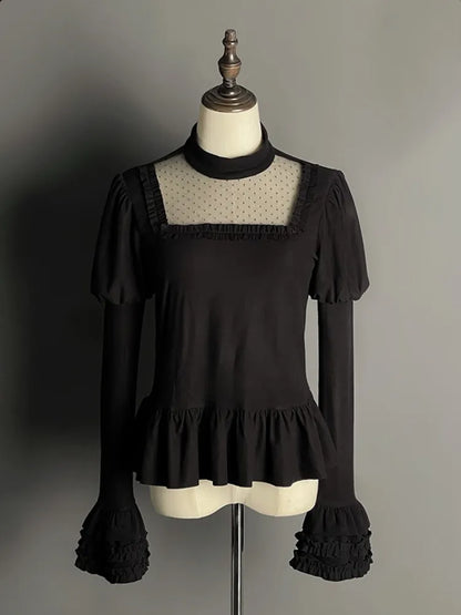 ブラック ジュリエットスリーブ フラウンスヘムライン ロングスリーブ トップス