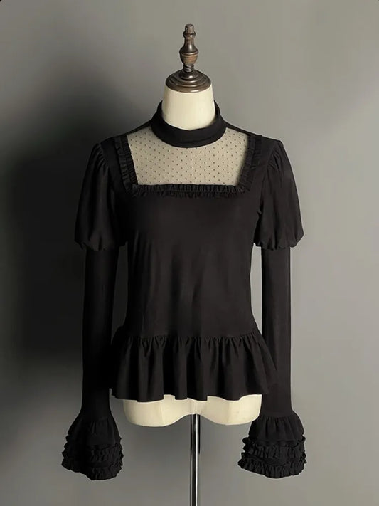 ブラック ジュリエットスリーブ フラウンスヘムライン ロングスリーブ トップス