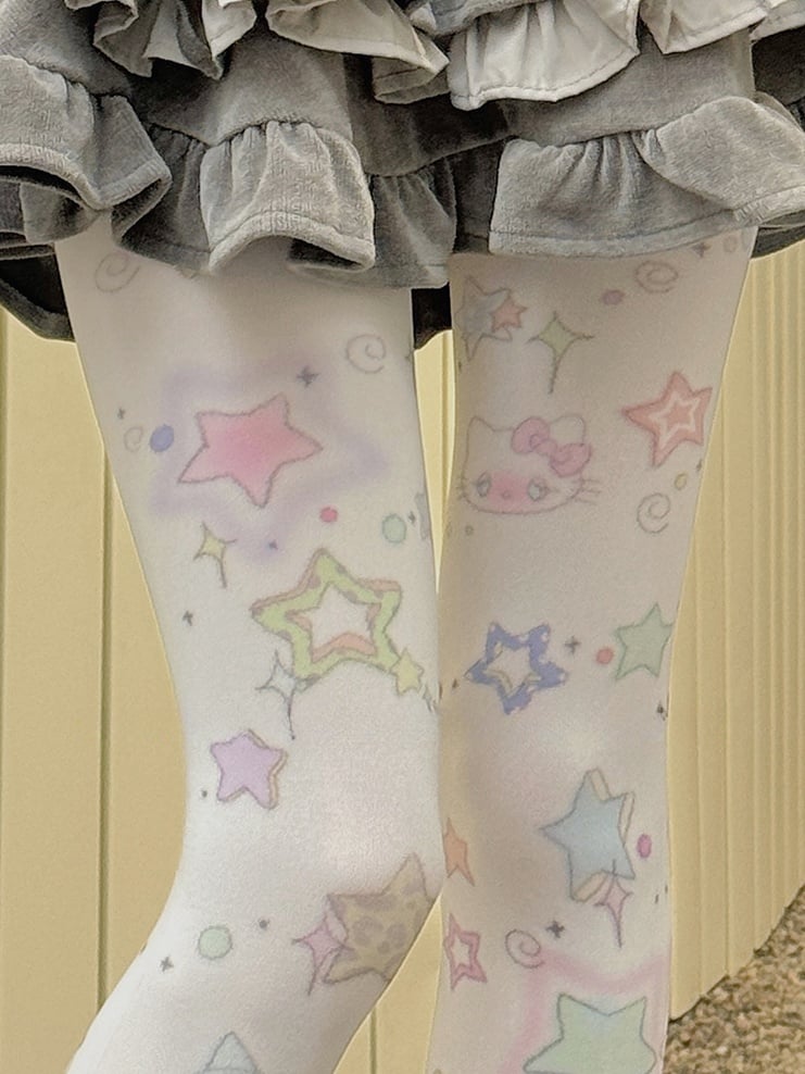 White Sweet Star Print Tights - Kawaii Cute Legwear