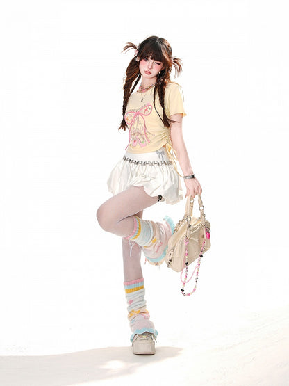 Glamorous Bowknot Schwarz/Gelb/Pink Cropped T-Shirt Kordelzug Taille Akzent