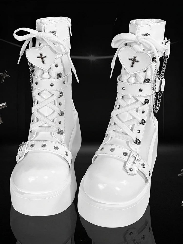 Punk Polished Motifs Platform Heart PU - Cross Boots White