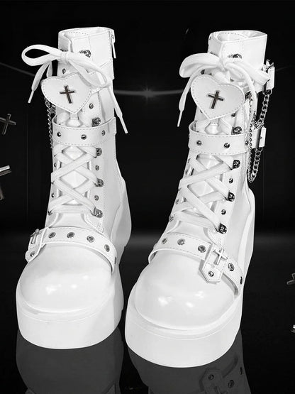 Punk Polished Motifs Platform Heart PU - Cross Boots White