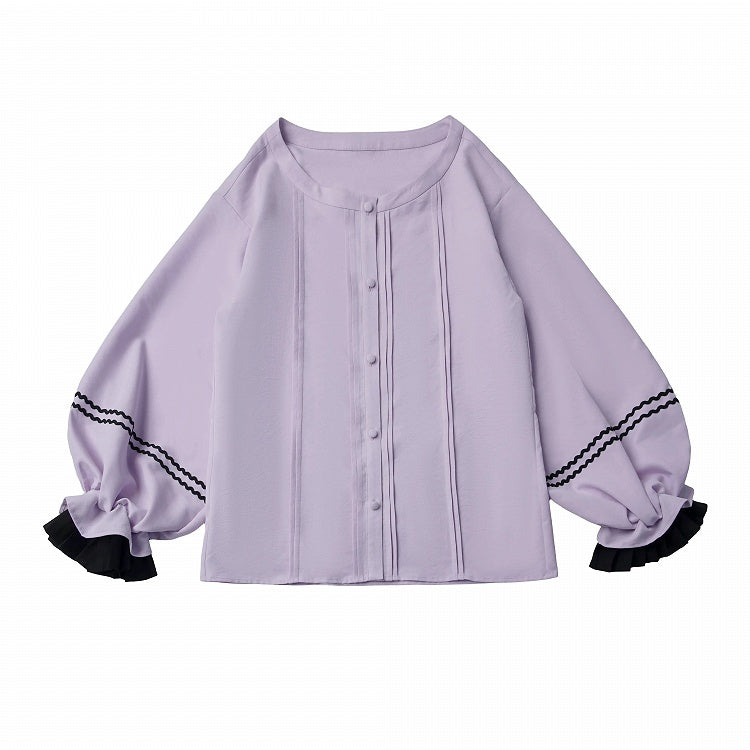 Purple & Black Crewneck Balloon Sleeve Blouse - PINK SAVIOR