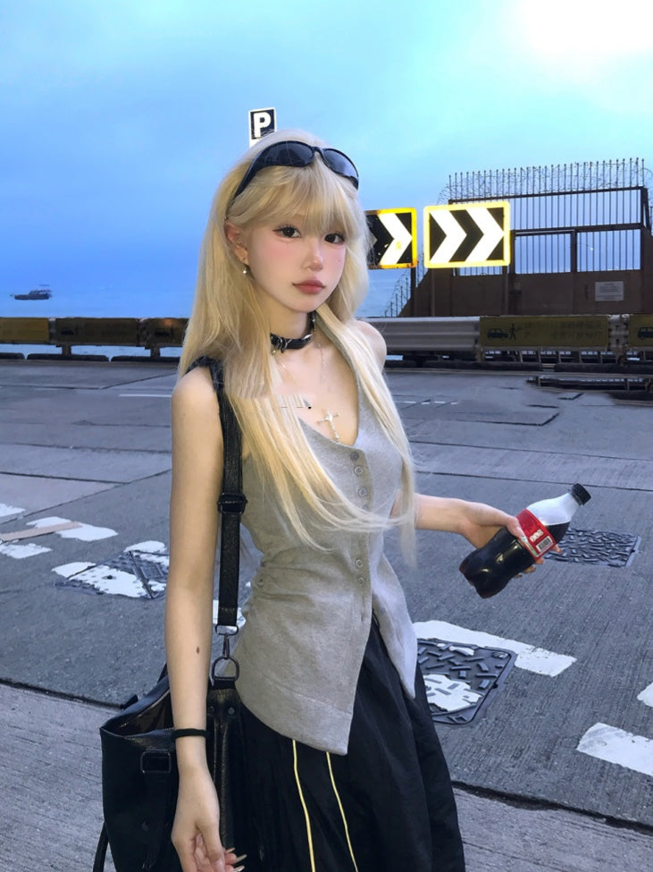 Top Gray Front Button Placket Halter Neck Glamorous Tank