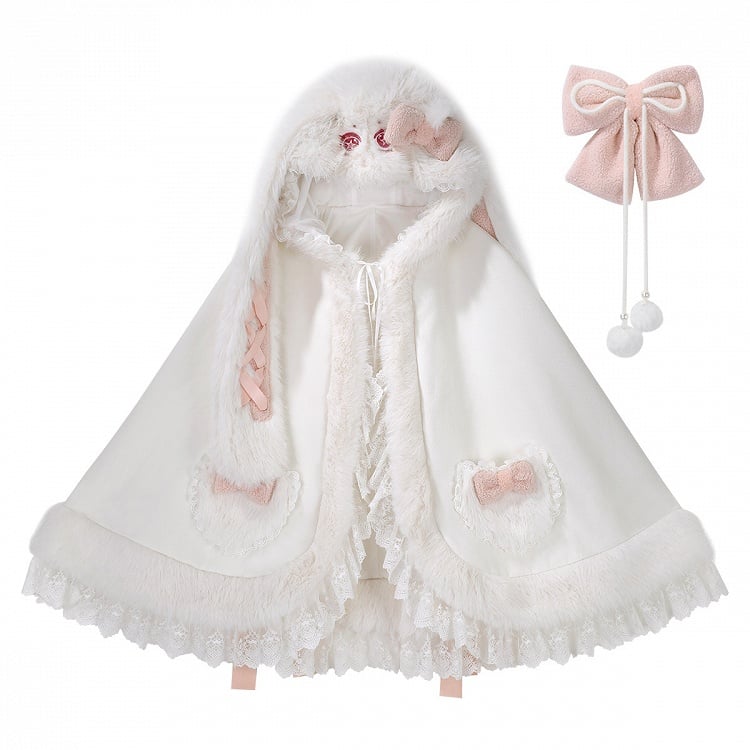 Plush Hooded Lace Oversized with Bunny Bows Winter and Pink White Ears Cape Trim