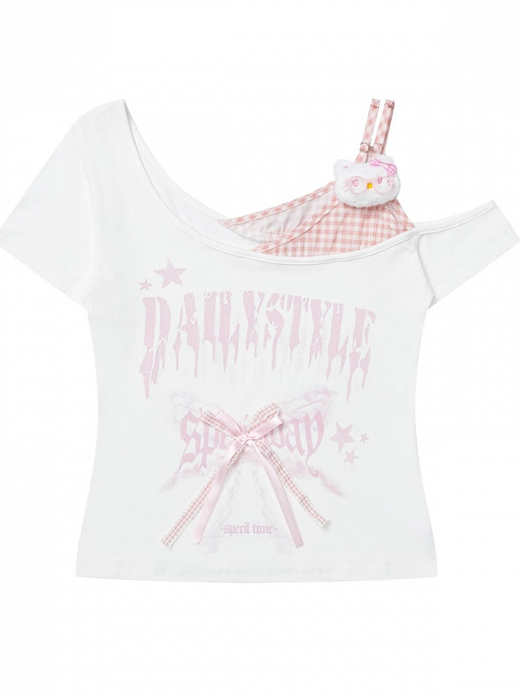 Off-Shoulder Pink Tee with Bow and Kitty Motif - Languid Park