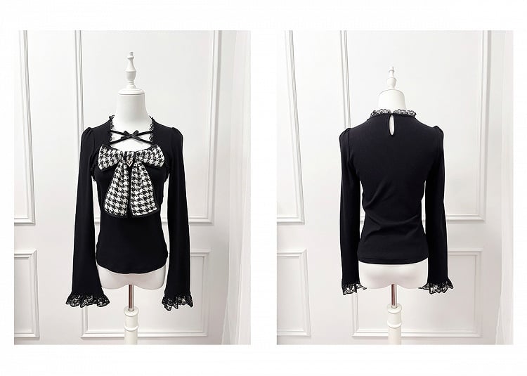 Kei Black/White with and Neckline Tweed Jirai Bow Criss-Cross Top Knit Big