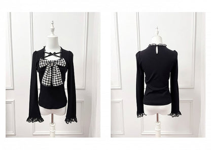 Kei Black/White with and Neckline Tweed Jirai Bow Criss-Cross Top Knit Big