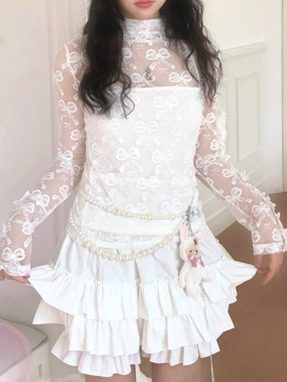 Jacquard Semi-Sheer White Bowknot Long Sleeve Top with Double Edge Ruffle