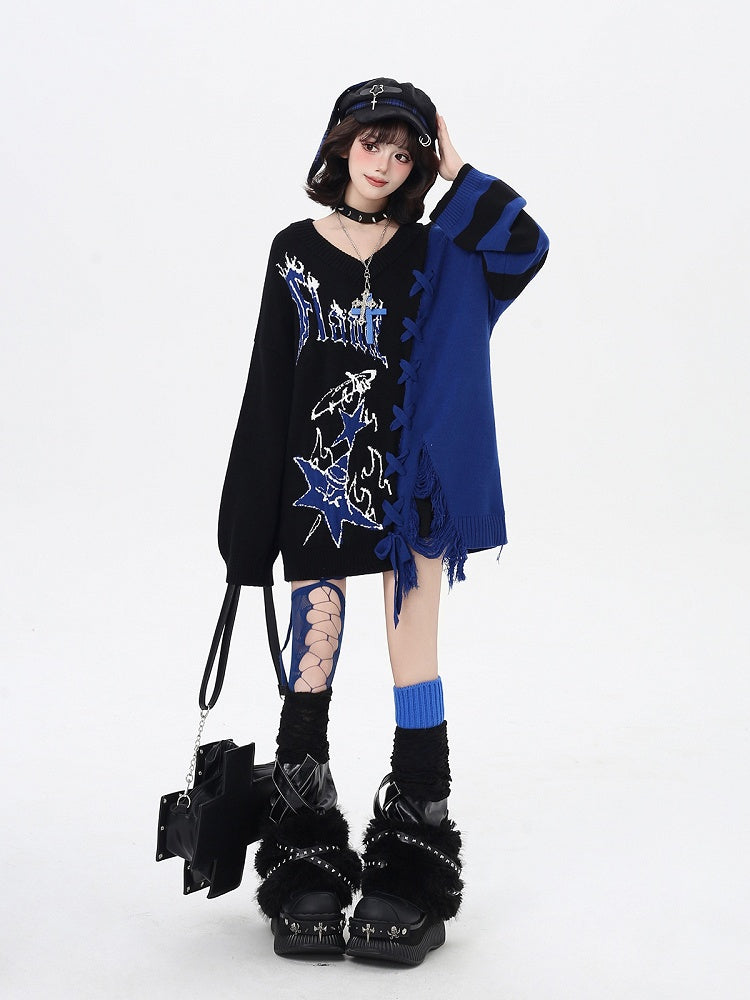 in V-Neck Sweater with Colorblock / Hem Detail and Blue Lace-Up Black Red Distressed