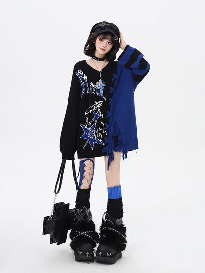 in V-Neck Sweater with Colorblock / Hem Detail and Blue Lace-Up Black Red Distressed