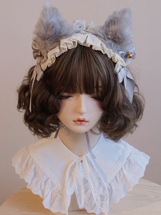 耳飾りヘアバンド レース フォックス 蝶結び グレーのディテール ベル装飾