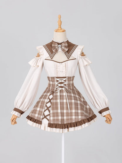 Coffee Long-Sleeve Blouse with Detachable Collar and Bowtie - DevilInspired Exclusive Collection