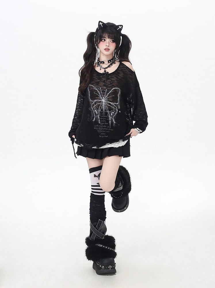 Trim Black/Beige Butterfly Print Cutout Shoulder Lace