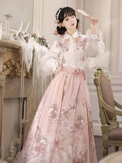 Pink and White Chinese-Style Long-Sleeved Top Set with Floral Print Skirt and Lace-Trimmed Chiffon Cape - Han Ru Chu Hanfu &amp; Han-Element Studi