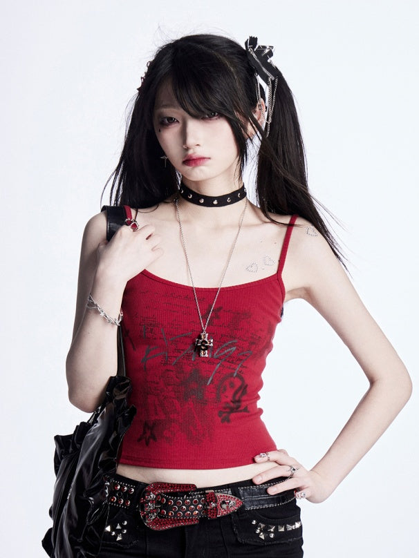 Rot/Schwarzes Vintage-Camisole-Top mit Buchstabendruck, glamourös