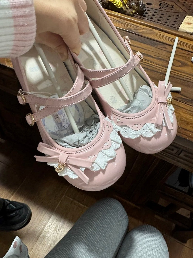 Sweet Pink Round Design Crisscross Snap PU Lolita Low Heels with