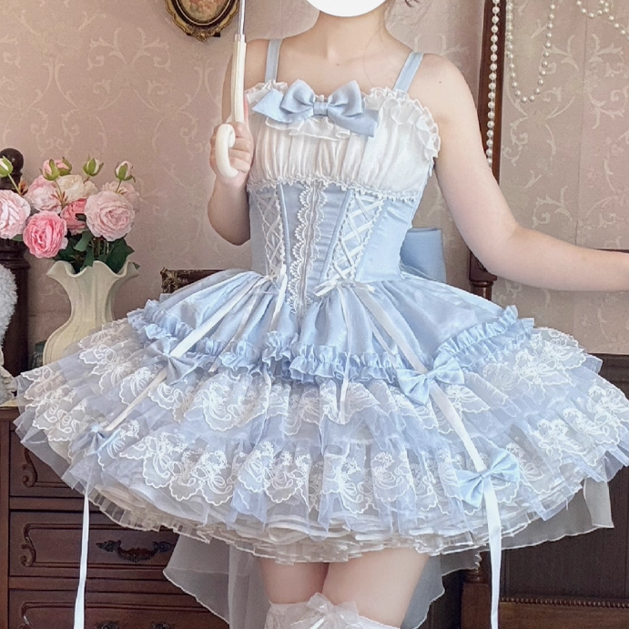 Layered Big Balletcore Lace-up Boned Waist Sweet Lolita Jumper Train Bow Skirt Blue White with Hem Lace and