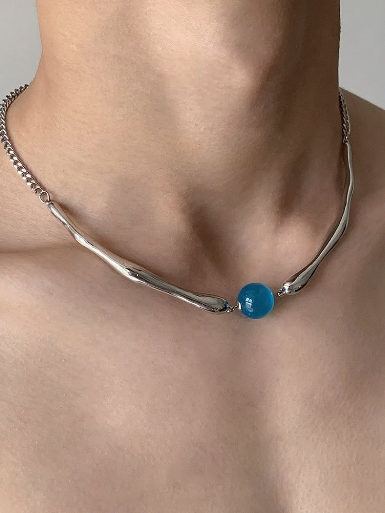 Punk Style Silver Necklace with Azure Bead Detail - YSHXS