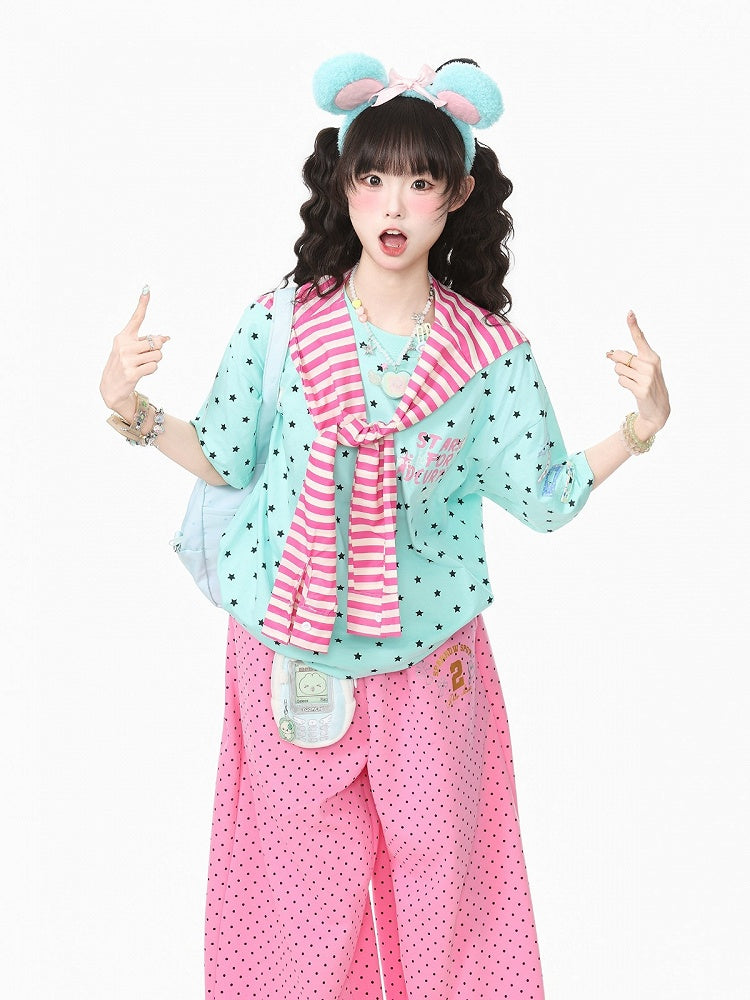 Green Star Print Tee with Stripe Shawl and Hairclip - Languid Park
