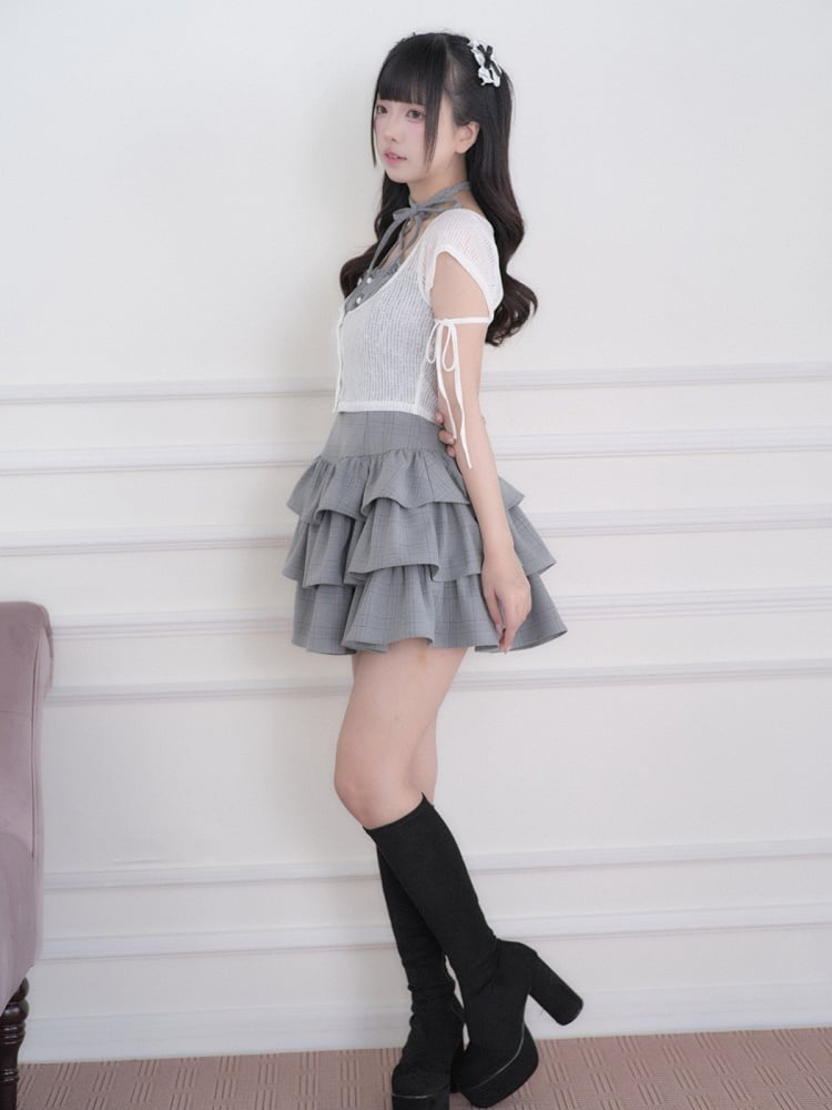 Ryousangata Gray Plaid Tiered Ruffle Camisole Dress White Cropped Top Set - No Genki