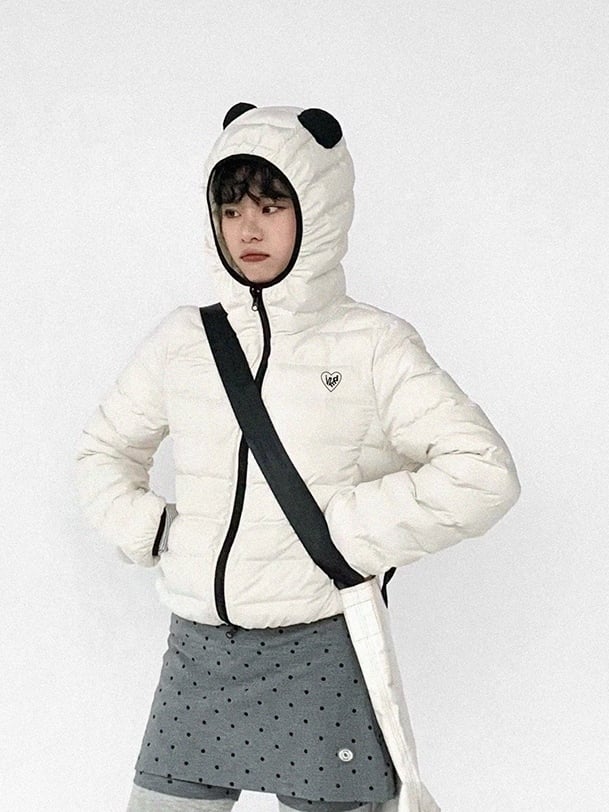 White Jacket Zipper Panda Ear with Decor Hood - Ribbed Daily Kawaii Down Front Hooded