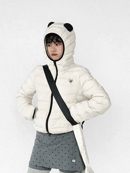 White Jacket Zipper Panda Ear with Decor Hood - Ribbed Daily Kawaii Down Front Hooded