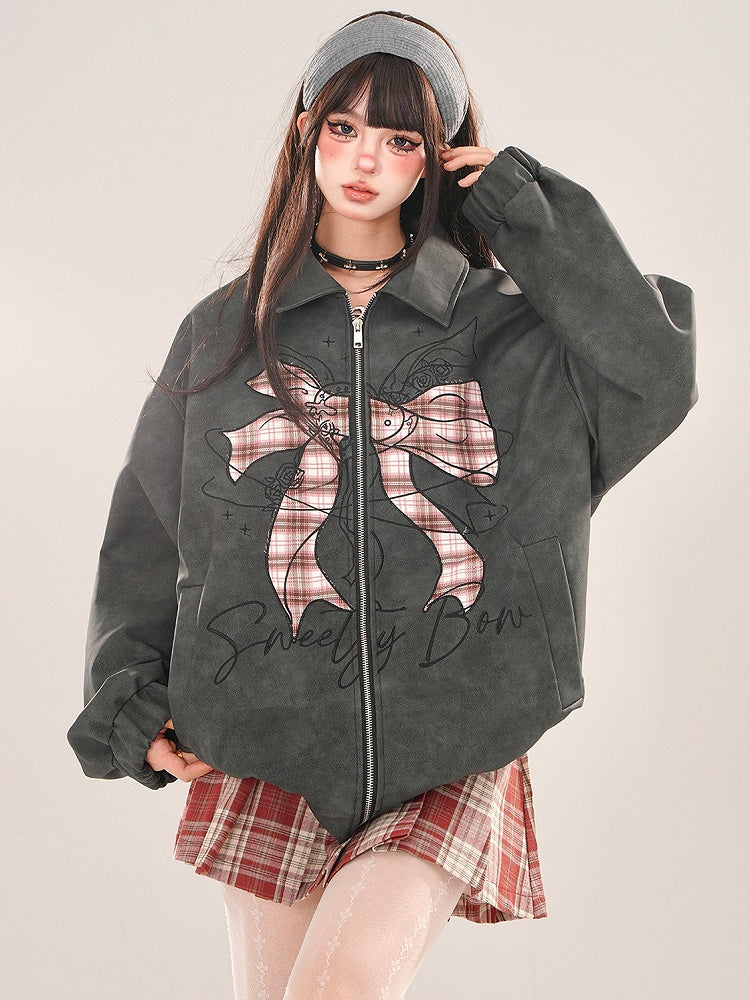 Black Plaid Bowknot Zip Placket Jacket
