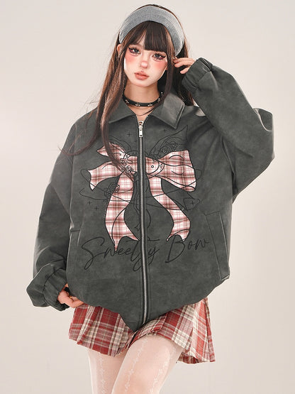 Black Plaid Bowknot Zip Placket Jacket