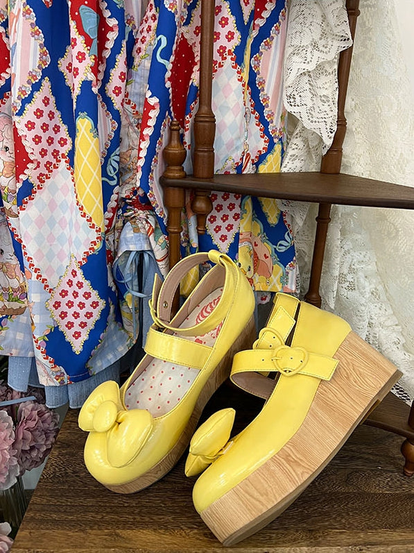 Plateauschuhe mit Schnalle und Schleife in Gelb PU - Heart Top Sweet