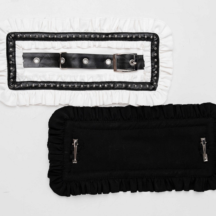 Black & White Ruffled Hairband with Leather Strap Decor - Bunny Rush
