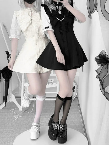 Keiセット - チャイナドレス（襟付き袖付き）+ショートパンツ+リボン（黒）Y2Kジライショートタイ+ヘアクリップ