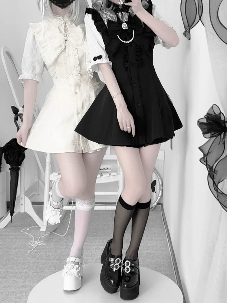 ネクタイ + ヘアクリップ Y2K 袖ドレス + ショートパンツ + 蝶ネクタイ セット - チャイナ ドレス襟ショート ホワイト ジライ