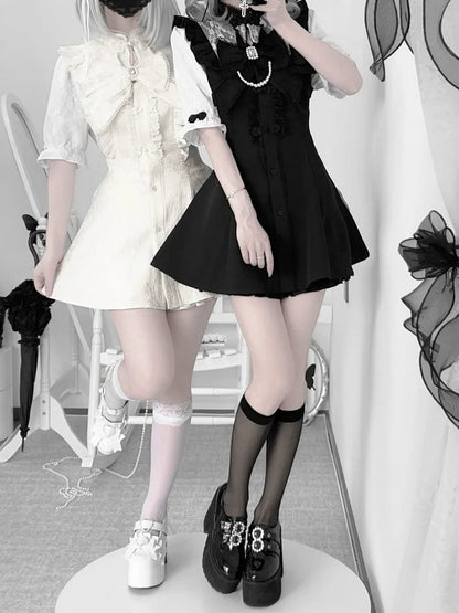 ネクタイ + ヘアクリップ Y2K 袖ドレス + ショートパンツ + 蝶ネクタイ セット - チャイナ ドレス襟ショート ホワイト ジライ