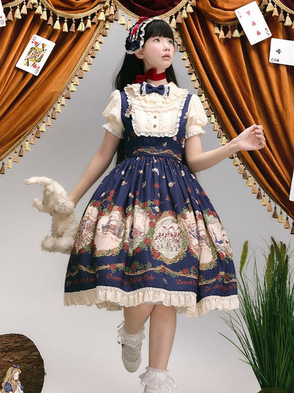 Wonderland Alice Floral Print Dark Blue Lolita OP Puff Sleeves - Stars Fall on the Foggy Island
