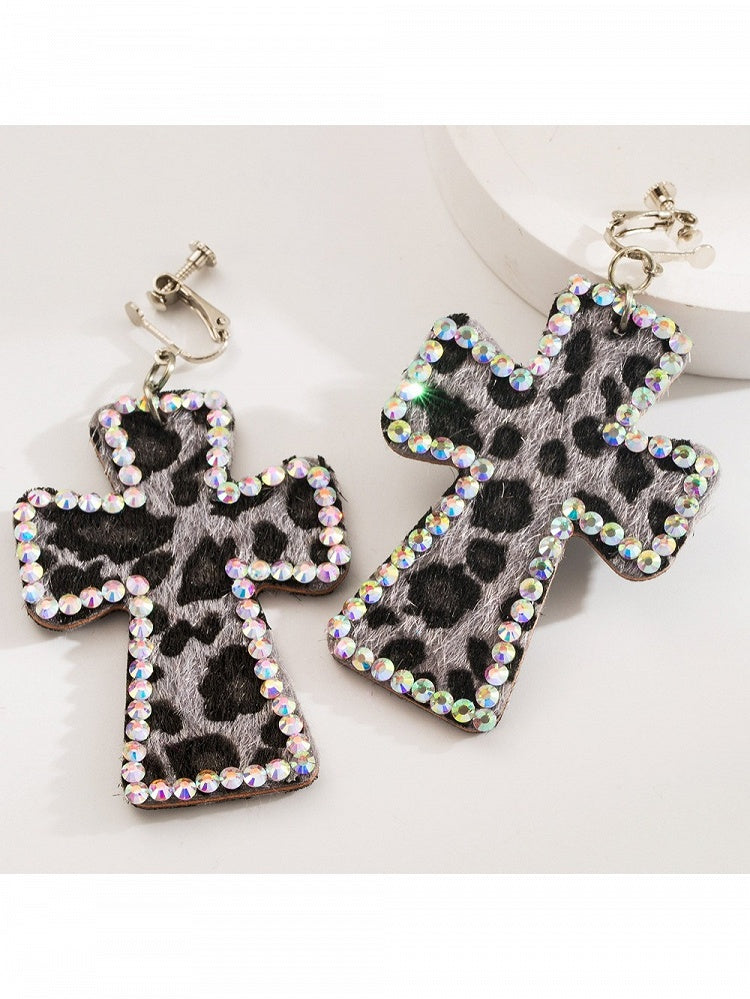 Y2K Cross Rhinestone Ear Clips with Leopard Print - WhaleHall